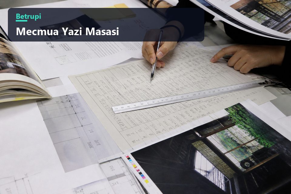 Mecmua yazılarının hazırlandığı masada dizilmiş notlar, ölçüm tabloları ve baskı provaları