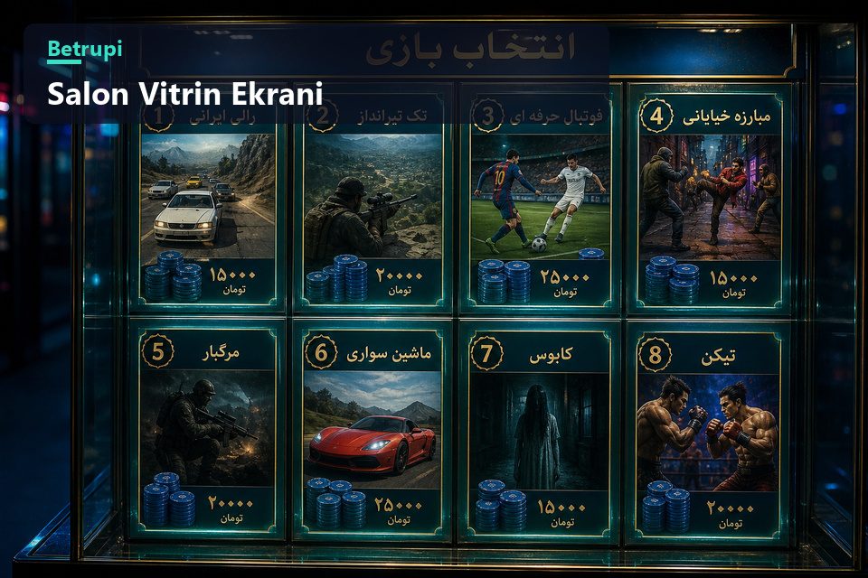 Kabin Salonunda sekiz oyunun tür ve süre etiketleriyle listelendiği vitrin ekranı