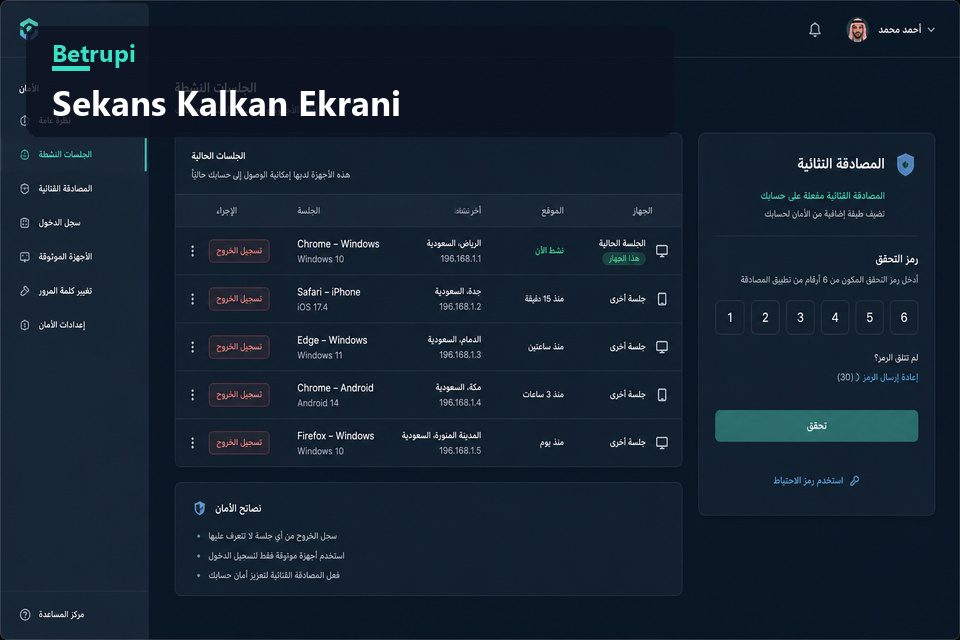 Hesap güvenliği ekranında oturum geçmişi listesi ve iki adımlı doğrulama ayarı